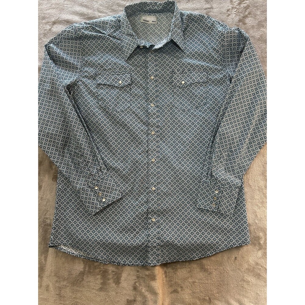 Wrangler Rancher Western Pearl Snap Shirt Mens XL Blue Geometric Cowboy Rodeo